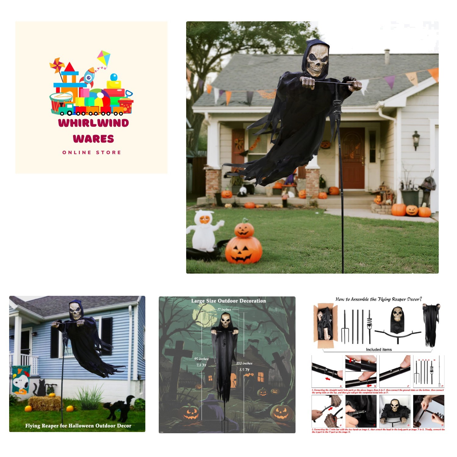 Outdoor Halloween Skeleton Decorations, 7.8Ft Flying Rotated Skull Reaper Gho...