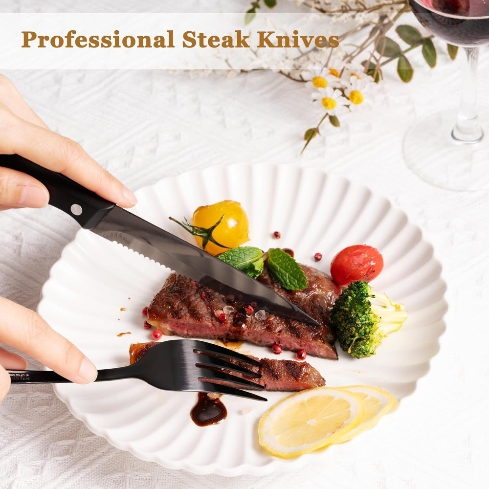 24-Piece Black Silverware Set with Steak Knives Flatware Set for 4