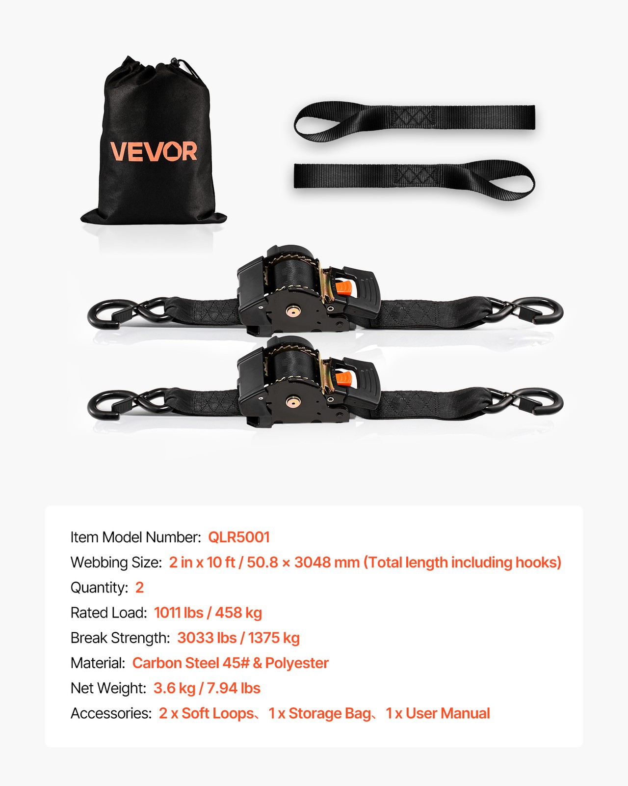 VEVOR 2 Pack Retractable Ratchet Straps 2" x 10' Tie Down Straps 3033 lbs