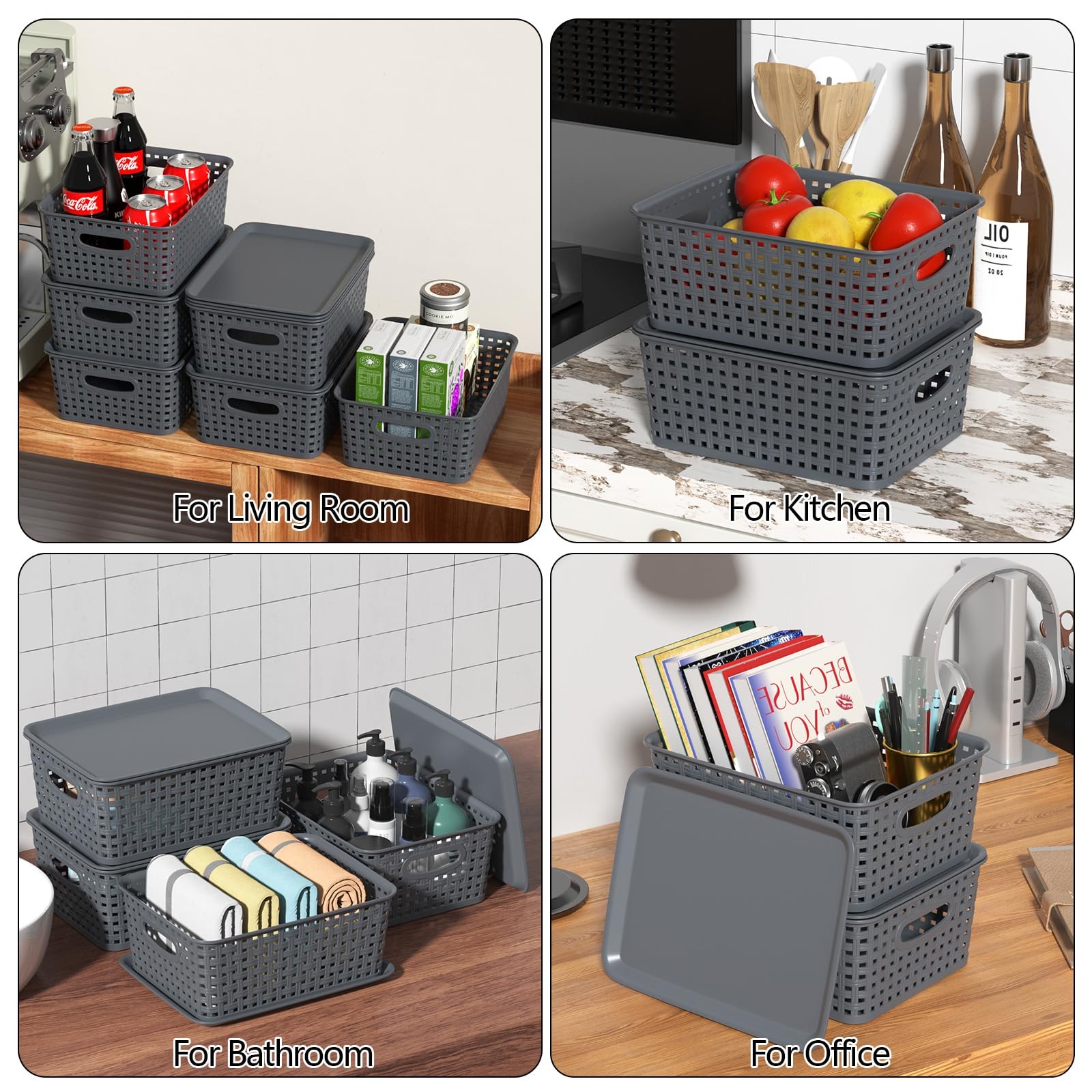 6 PCS Gray Weave Lidded Storage Baskets Matching DustProof Lids Stackable Bin