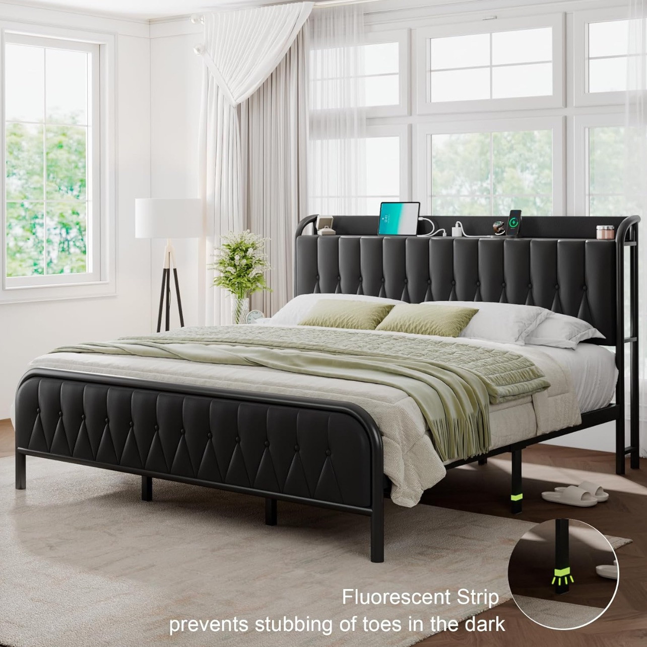 Feonase King Leather Bed with Fast Charging Station and Under-Bed S