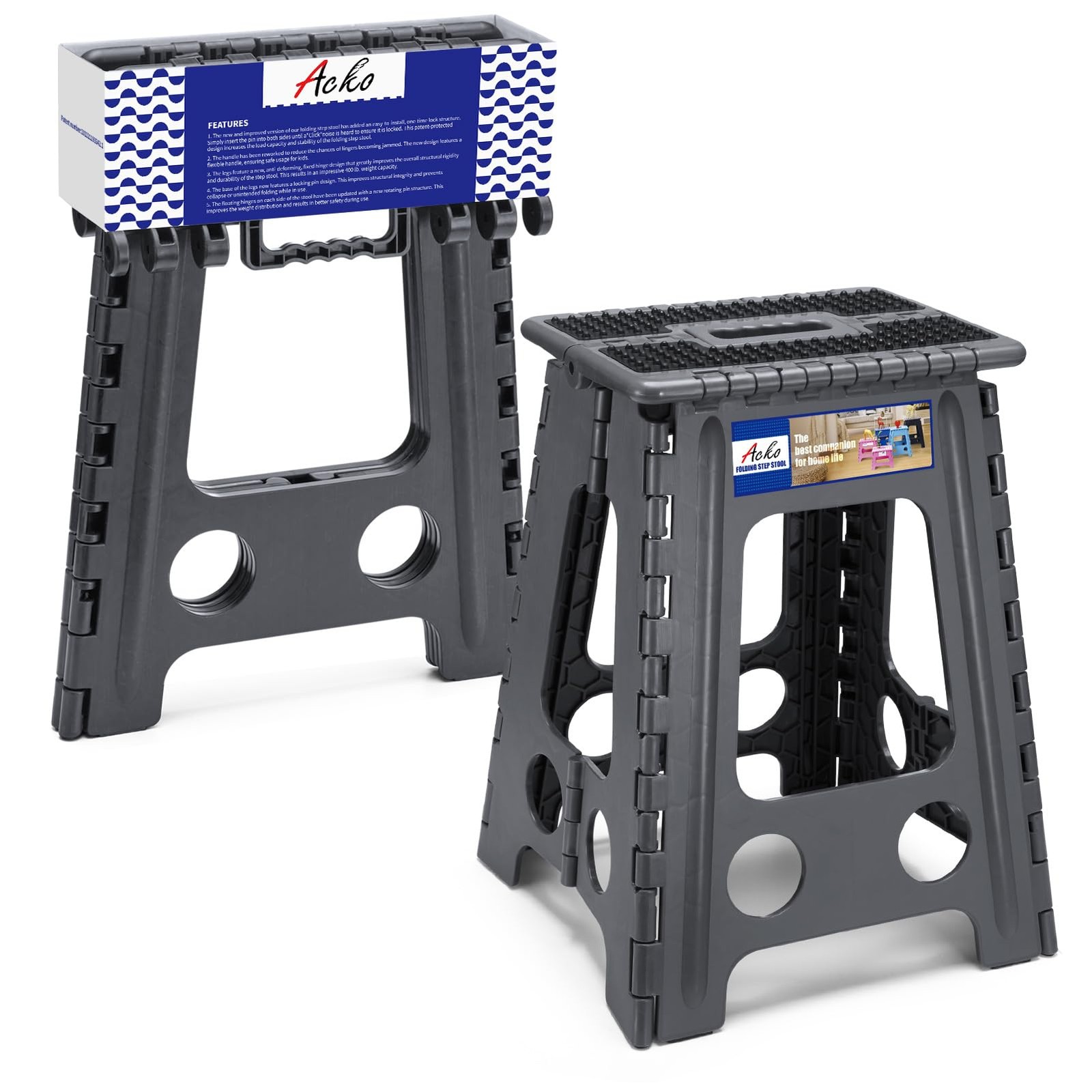 17.5 Inch Folding Step Stool for Adults Kids 400 lbs Capacity Dot Grey