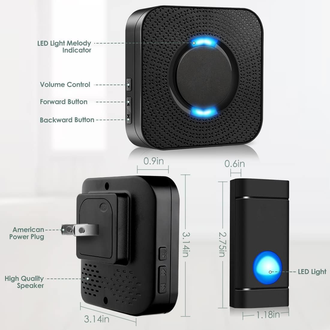 Wireless Doorbell- Waterproof-1300 ft Range-58 Melodies-5 Volume Level-LED Flash