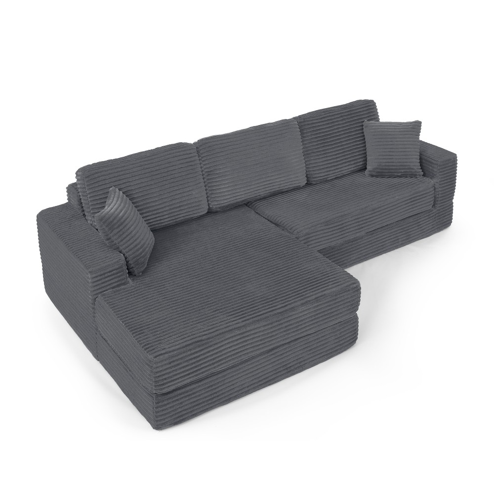 L-Shaped Gray Corduroy Sectional Sofa Converts to Queen Bed
