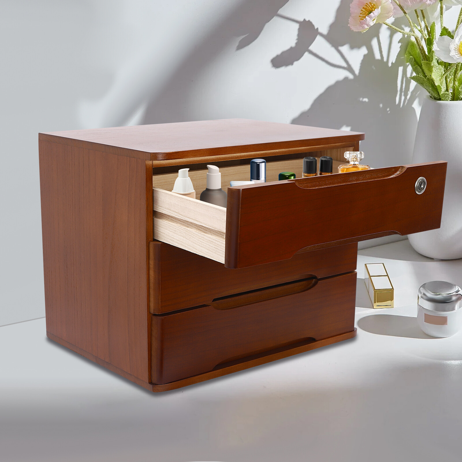 Walnut Desktop Storage Box 3-Tier File Cabinet Organizer with Lockable 3 Drawers
