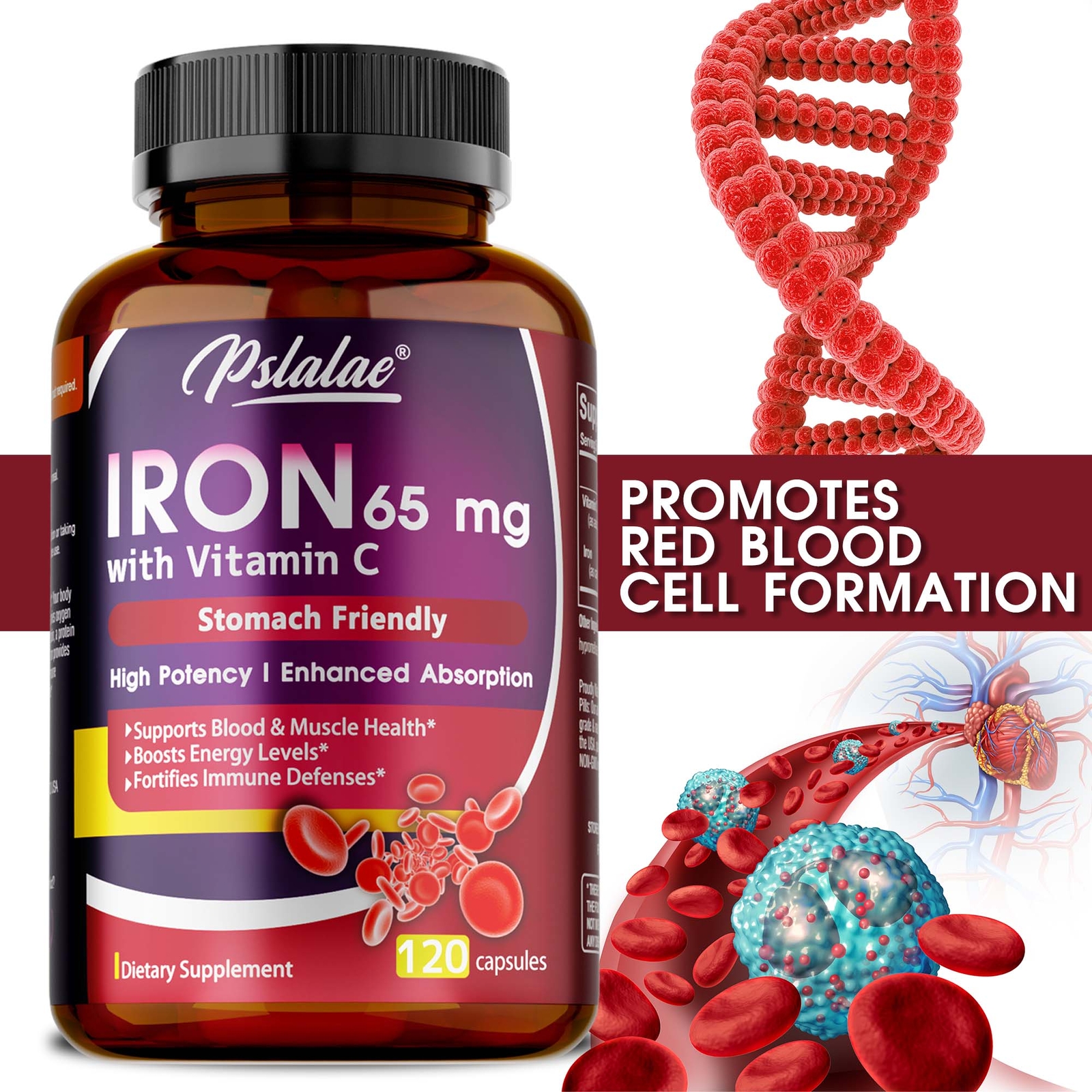 Iron Supplement - with Vitamin C-Improve Energy Levels, Relieve Anemia & Fatigue