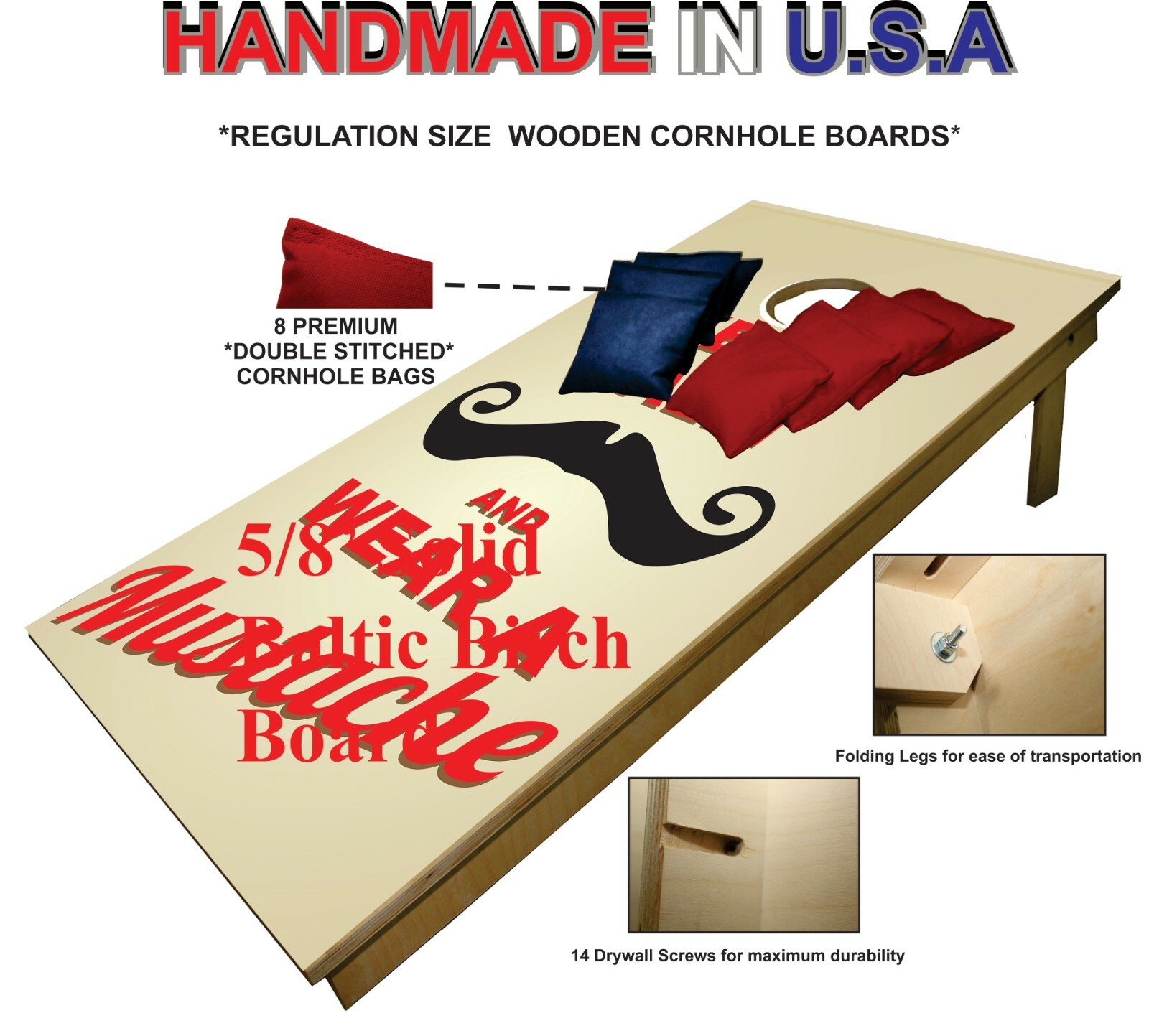 Keep Calm Wear a Mustache CORNHOLE BEANBAG TOSS GAME w Bags Game Board Set