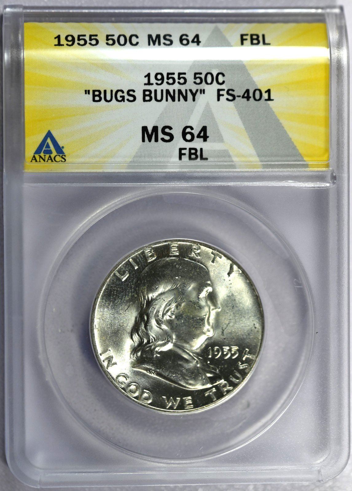 1955 ANACS MS64 FBL "Bugs Bunny" FS-401 Franklin Silver Half