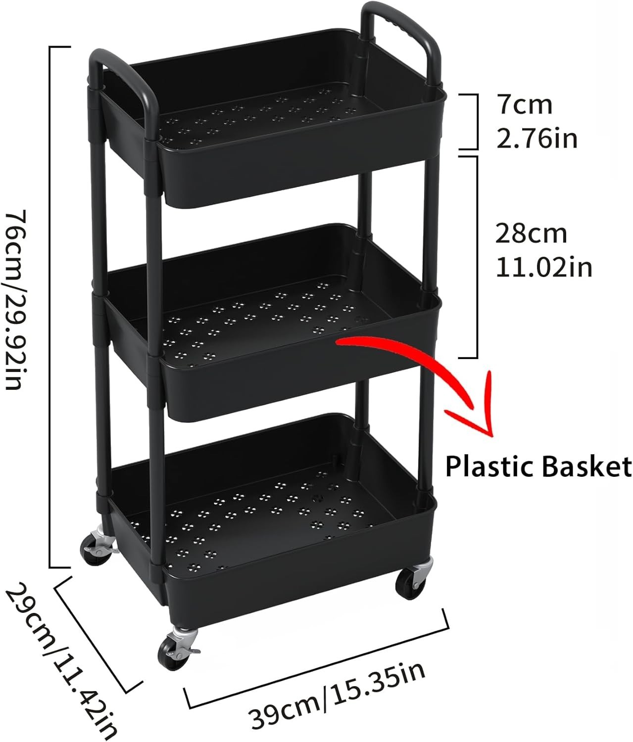 Sleek Mobile Organizer: 3-Tier Utility Cart with Easy Assembly & Locking Wheels