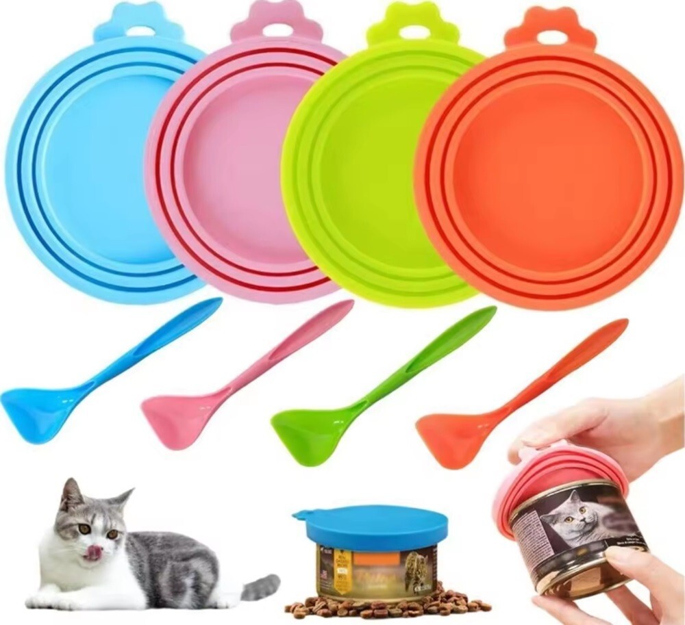 4 Pack Silicone Pet Can Covers Spoon Dog Cat Food Lids Reusable Can Seals