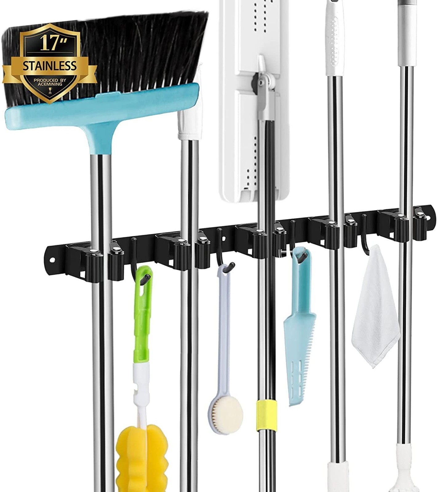 Black 5 Racks and 4 Hooks Mop and Broom Holder Wall Mount, Broom Organizer St...