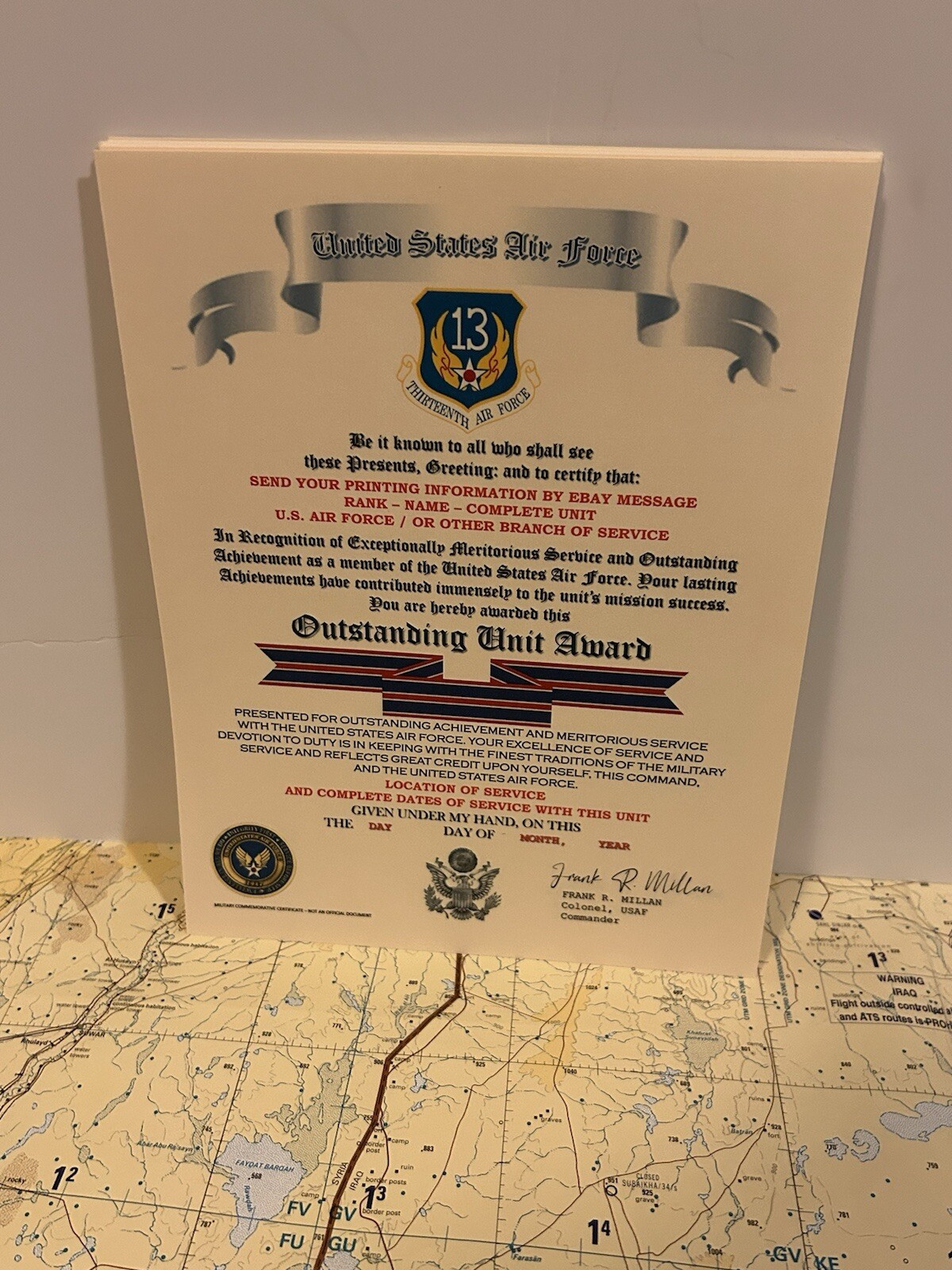 U.S. AIR FORCE / THIRTEENTH AIR FORCE - OUTSTANDING UNIT AWARD CERTIFICATE