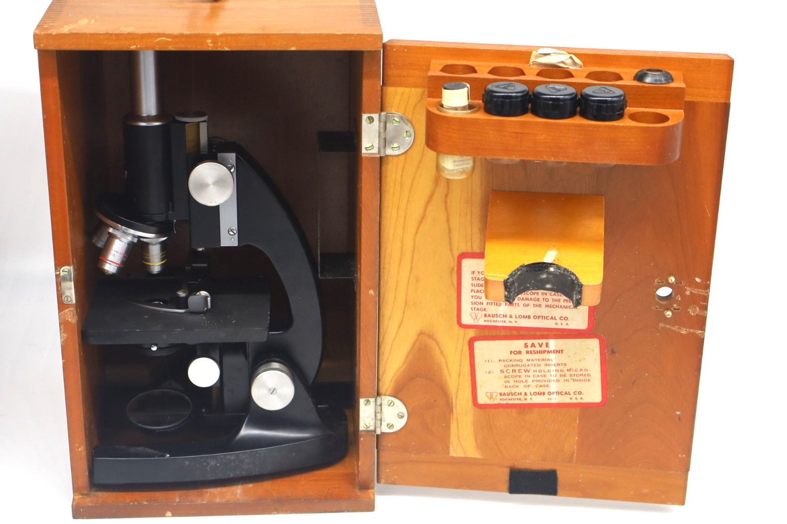 Vintage Bausch & Lomb Optical Microscope Mechanical Stage 3 Objectives Wood Case