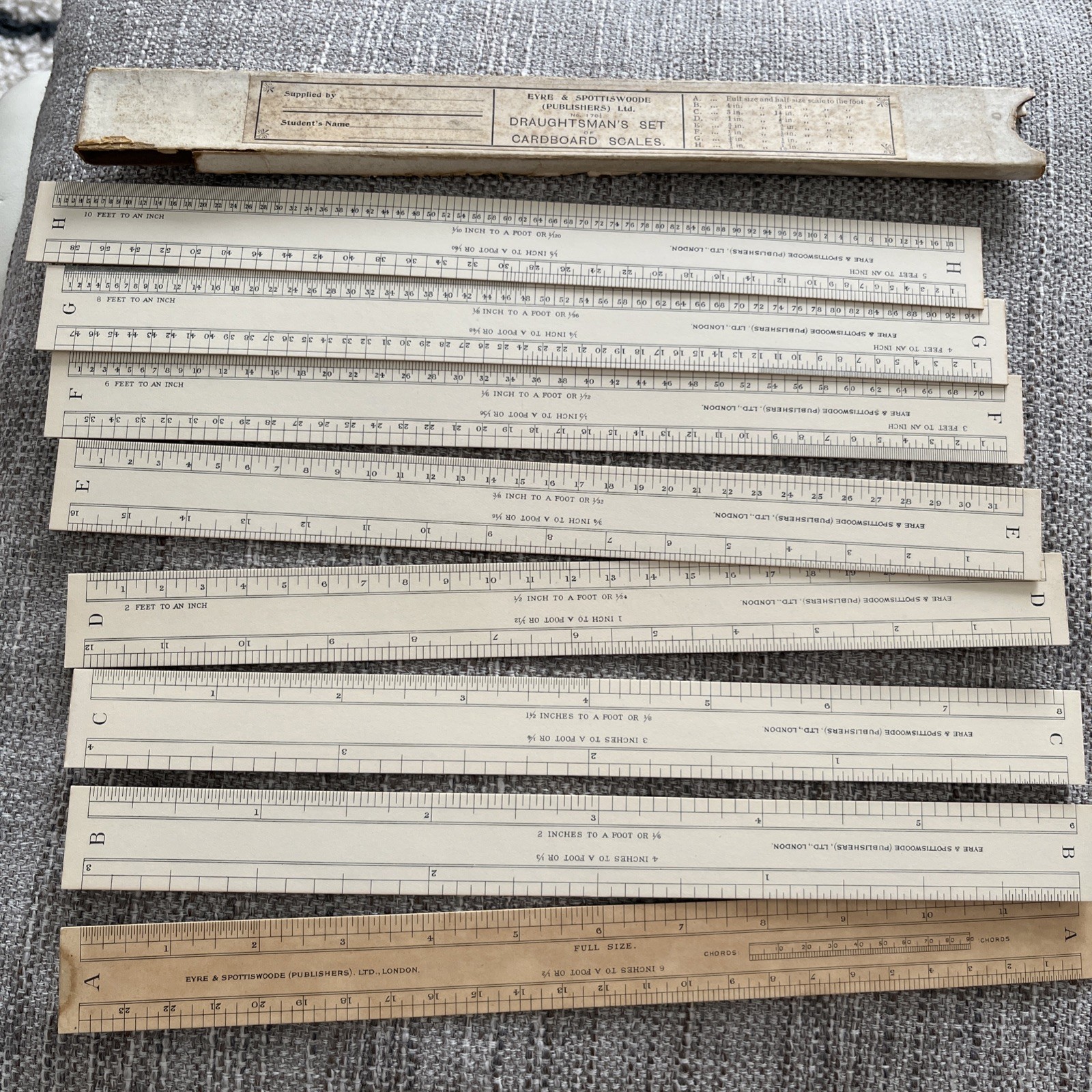 Eyre & Spottiswoode Draughtsman's Cardboard Scales - Set of 8 vintage
