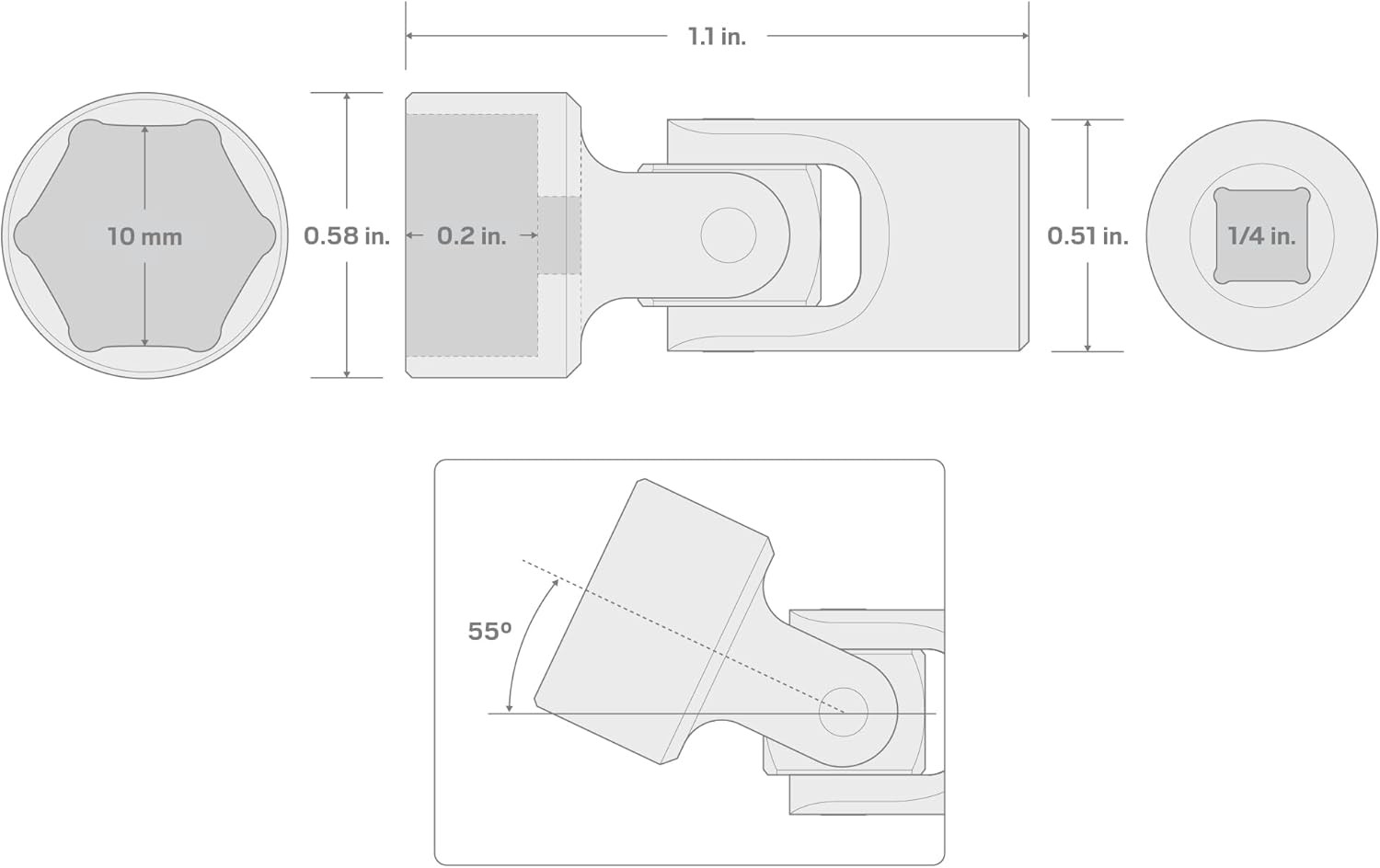 1/4 Inch Drive X 10 Mm 6-Point Universal Joint Socket | SHD08110
