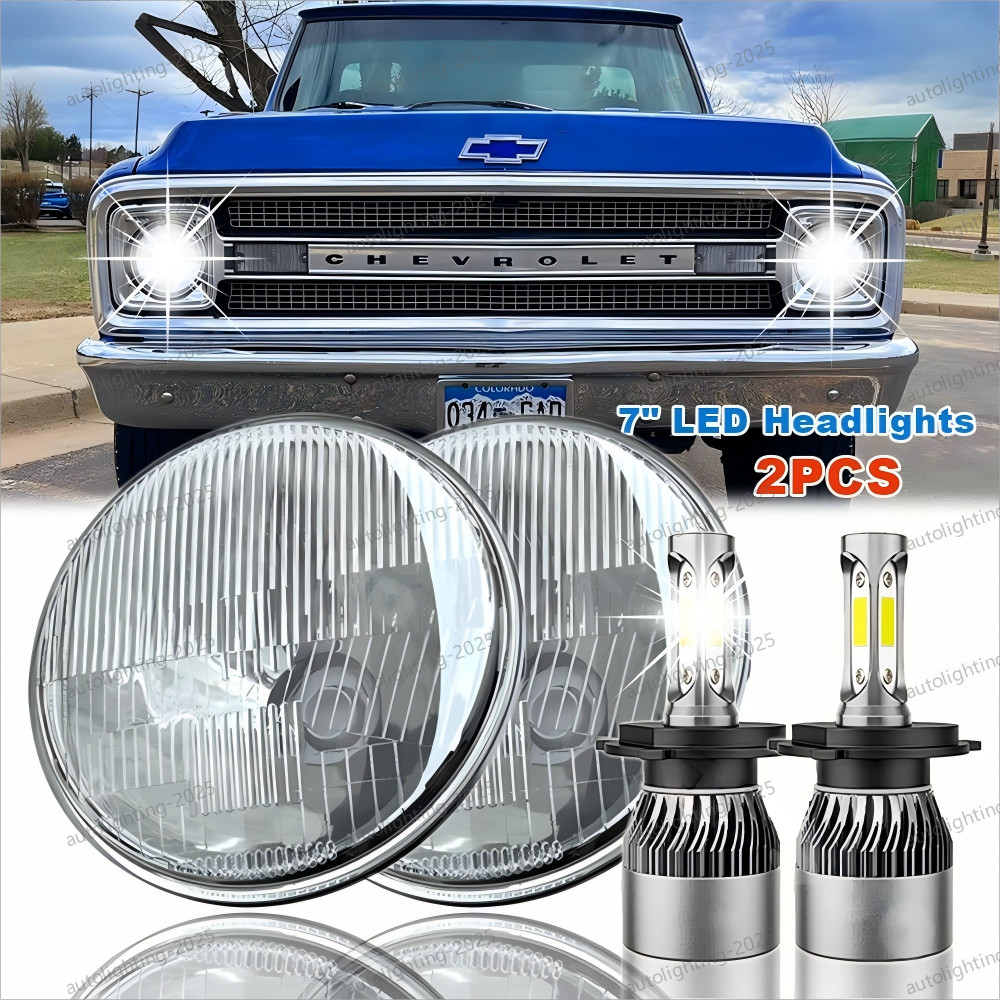 For 1967-1972 Chevy C10 Pair 7 inch LED Headlight Round DOT Approved Hi/Lo Lamps
