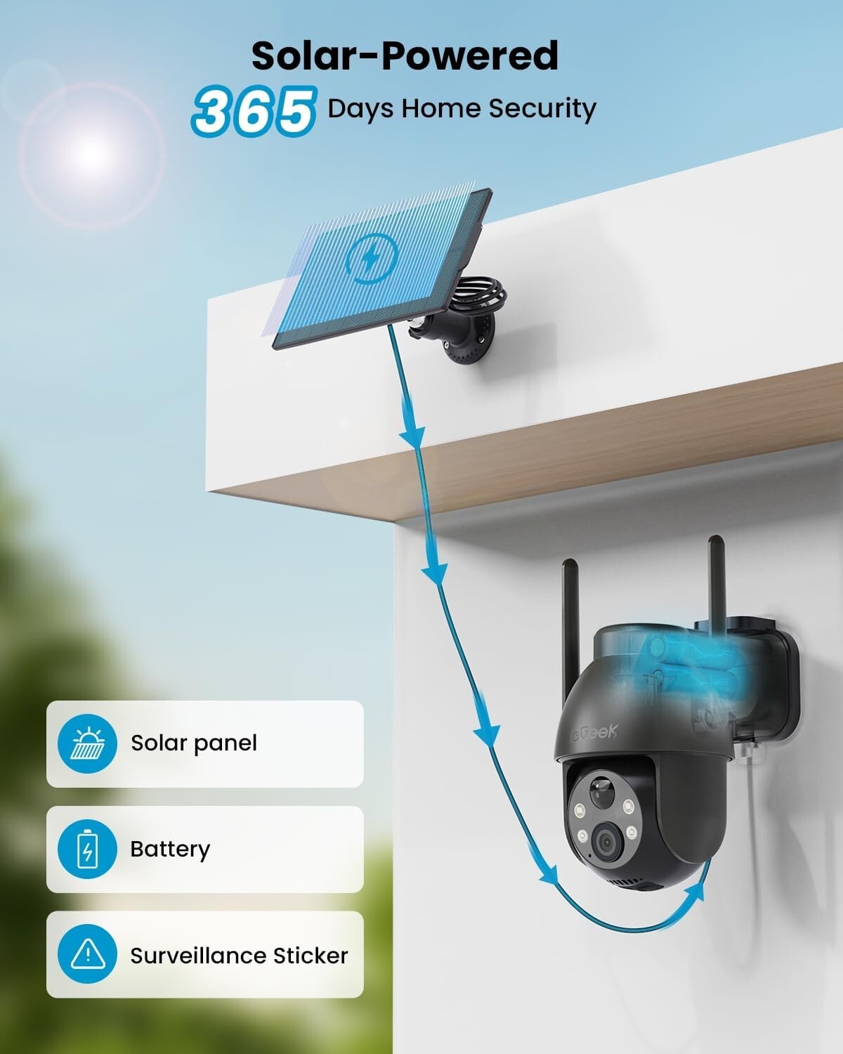 ieGeek Solar Camera Outdoor Wireless 2K WiFi Battery Powered PTZ CCTV System