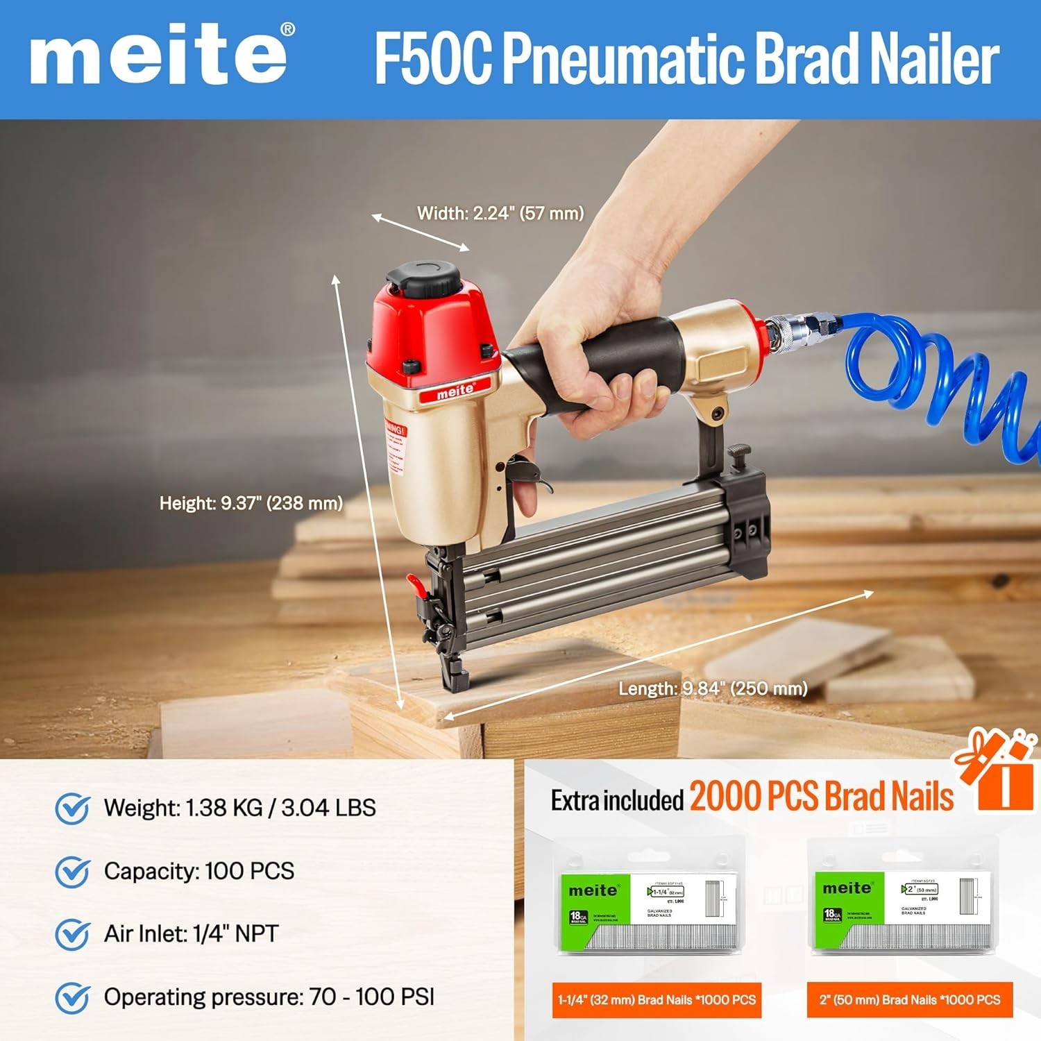 meite F50C Small Finish Nail Gun for Trim Work 18 Gauge Brad Nails 5/8" to 2"