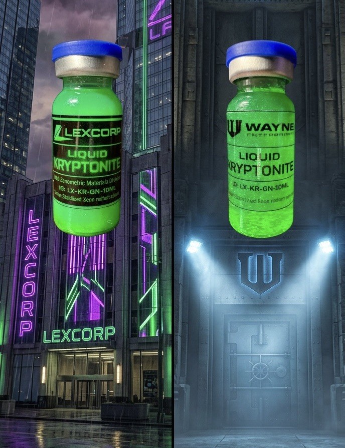 10ml Set Of 2 Liquid Kryptonite Prop vials Owned By LexCorp & Wayne Enterprises