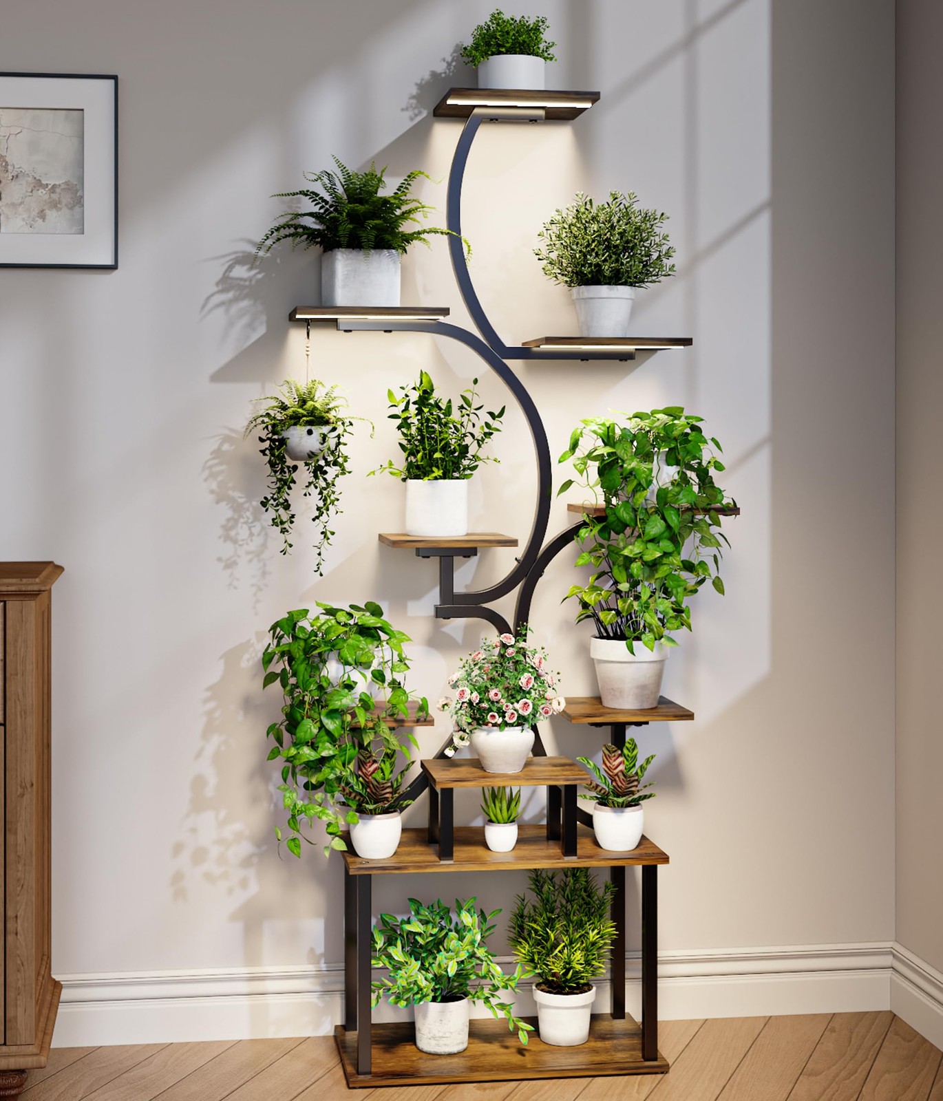 Plant Stand Indoor with Grow Lights - 9-Tier Curved 63inhigh, Black and Wood