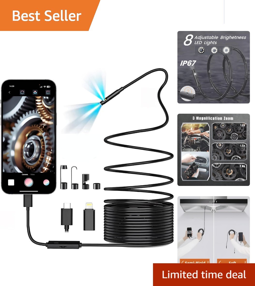 1920P  Waterproof Borescope with Adjustable LEDs - Perfect for Inspections