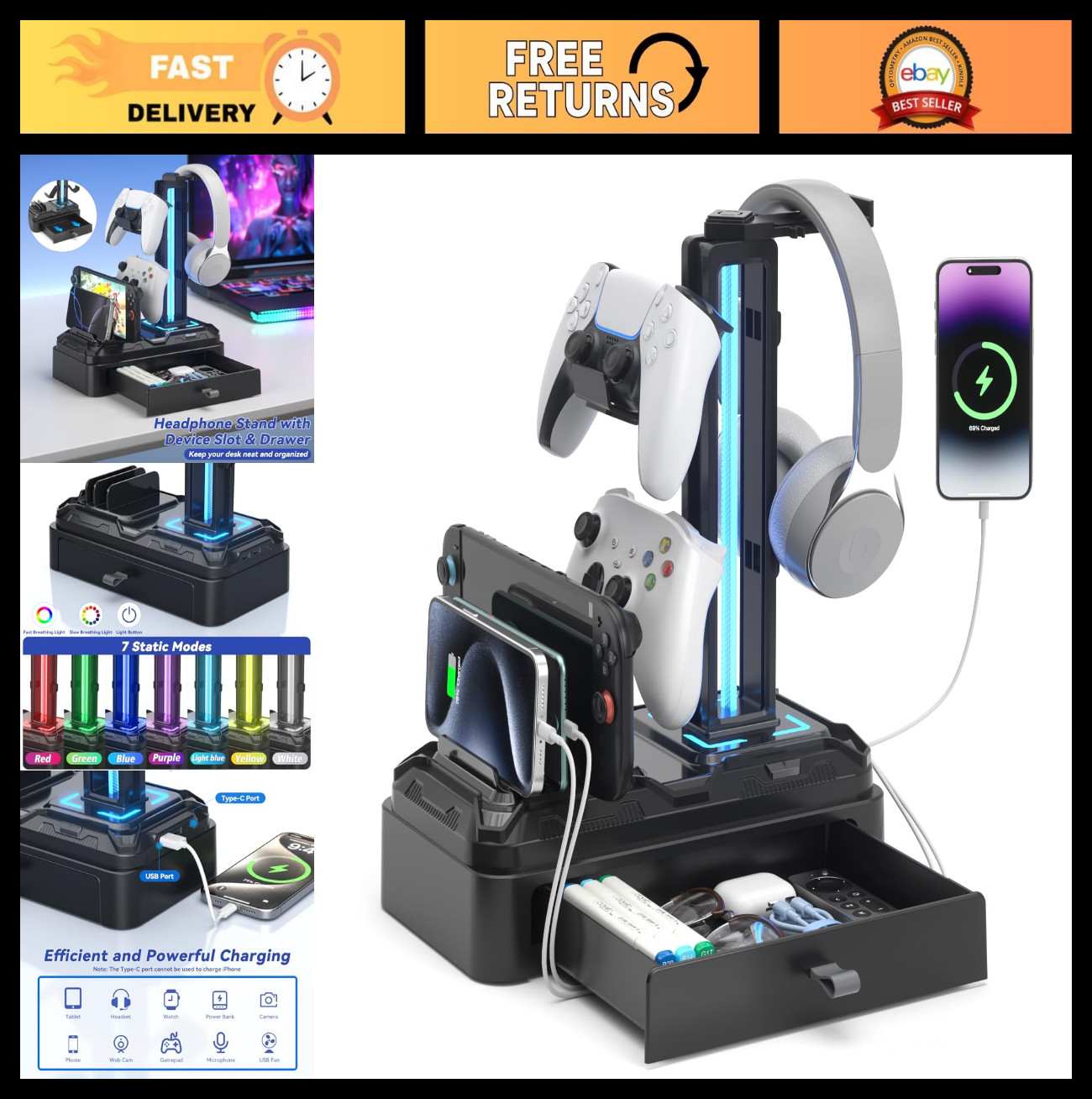 RGB Headphone Stand with USB Charger Ports, Rotatable Hanger & Drawer Storage fo