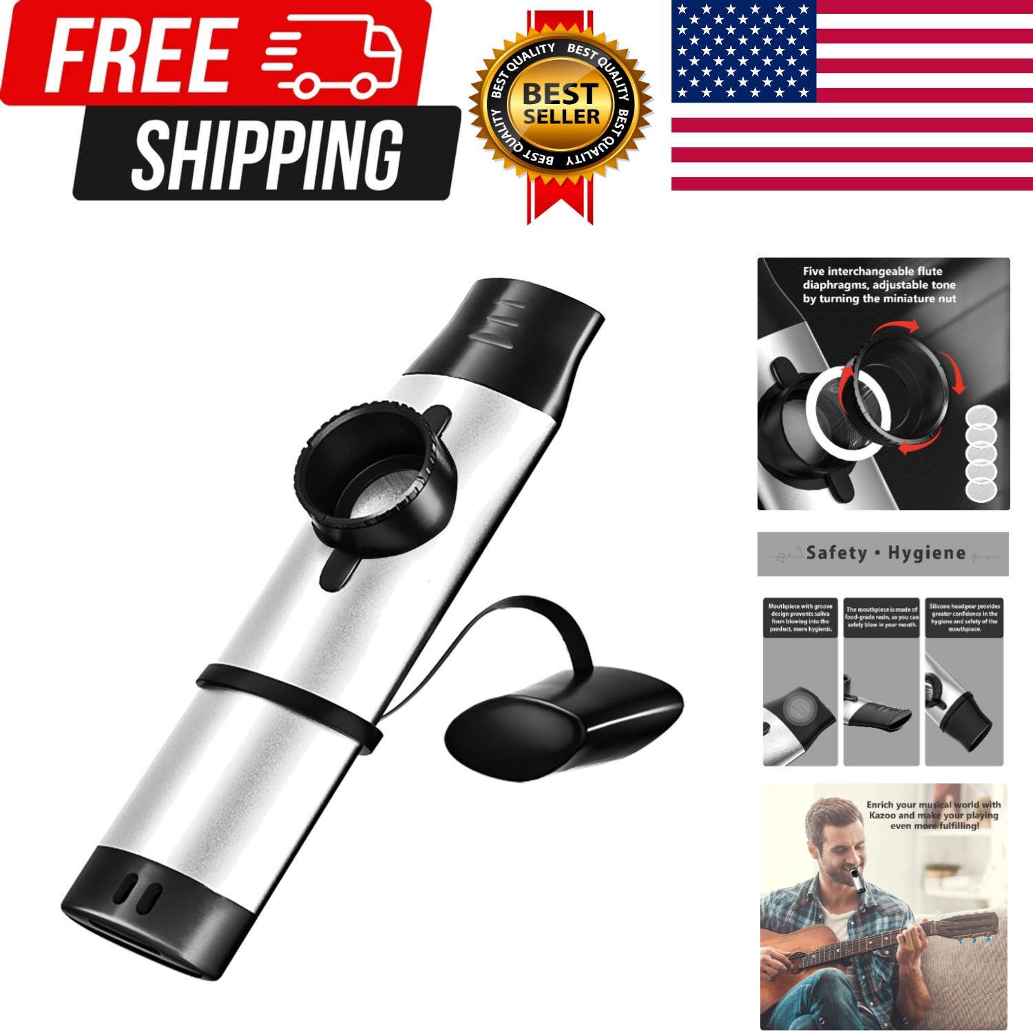 Kazoo - Professional Metal Musical Instrument with 5 Extra Membranes, Adjustable