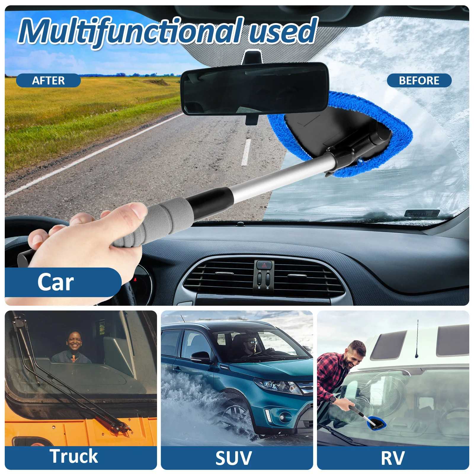 7 Pcs Windscreen Extendable Microfiber Glass Cleaner with 4x Cleaning Pads