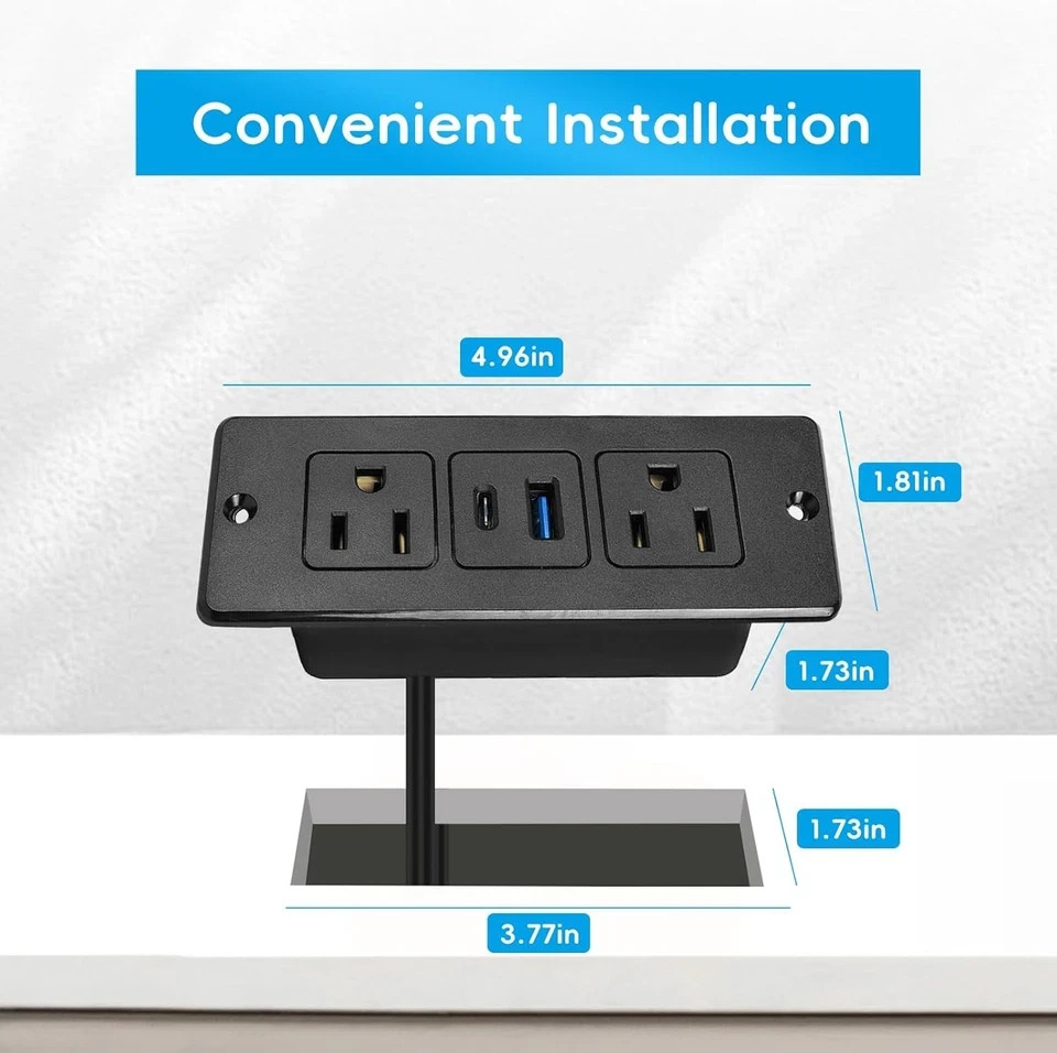 20W Recessed Power Strip USB, 2 AC Outlets + 1 USB-C + 1 USB-A Ports, 6ft Cord,