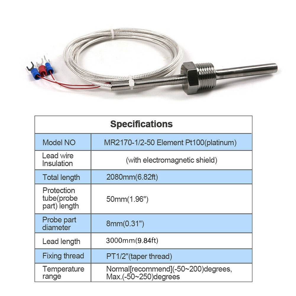 Pt100 Temperature Sensor Probe with Insulated Thread 3 Wires 50mm Length