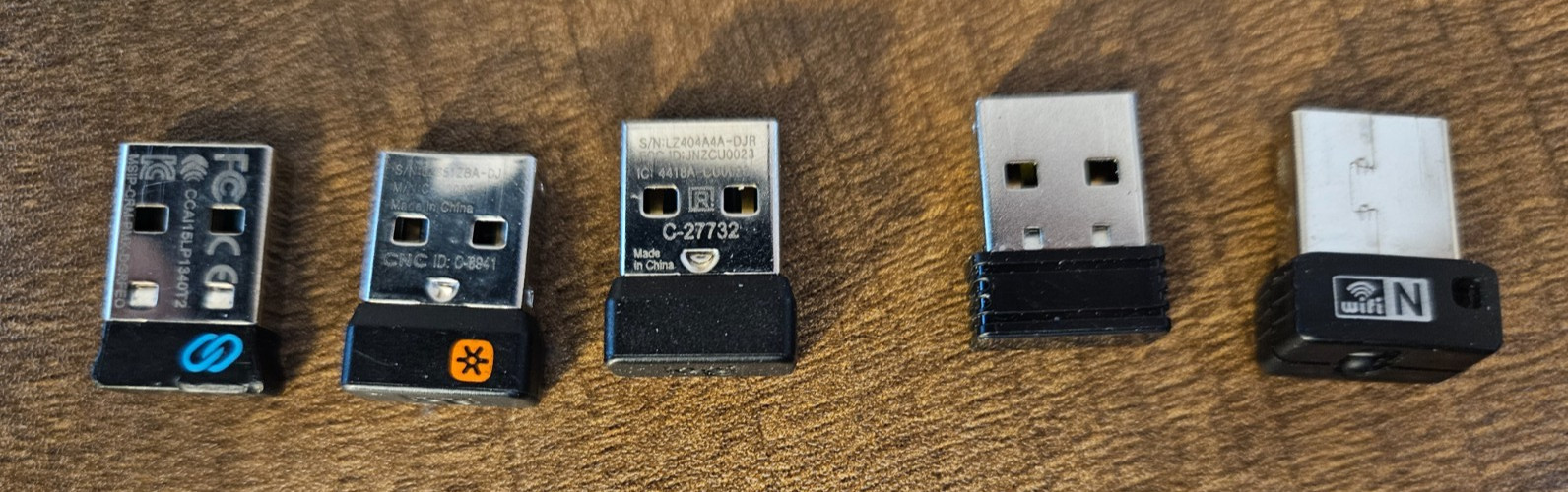 LOT OF 5 Wireless Computer Receiver Dongles Dell, Logi (2), Sabrent, Unbranded