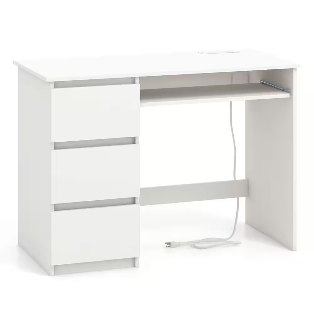 42 In. White 3-Drawer Computer Desk with Power Outlet Keyboard Tray and Type-C a