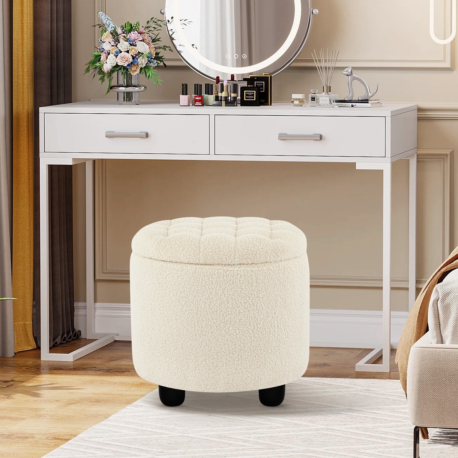 Sherpa White Button Tufted Accent Storage Ottoman Upholstered Circle Pouf Foots