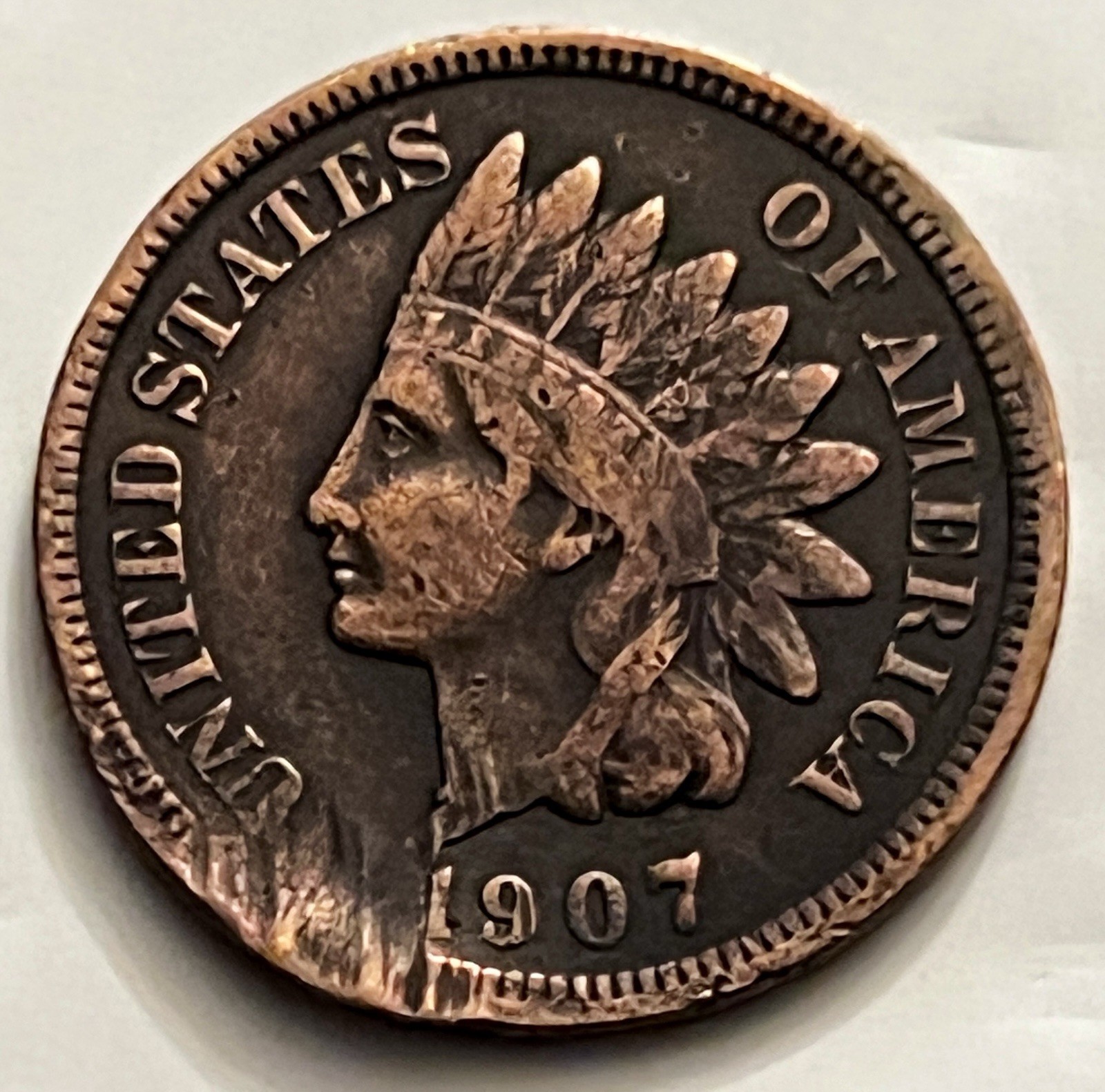 1907 Indian Head Cent Nice Detail Circulated Bent Planchet Near Date BN1046