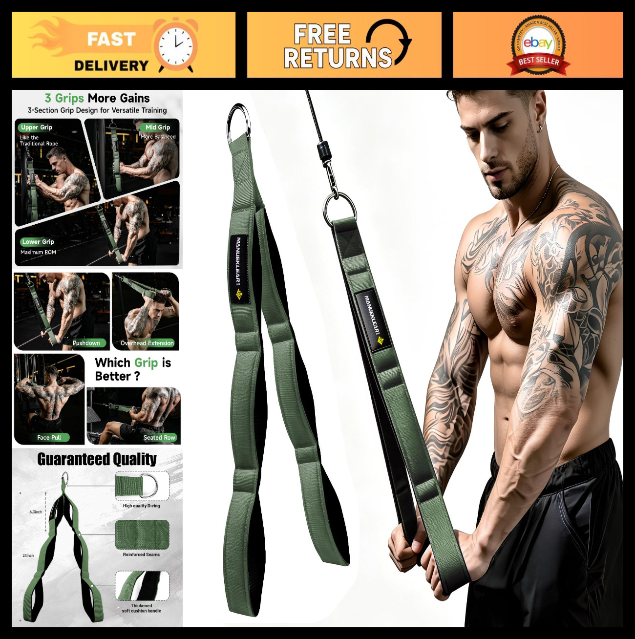 3 Grip Lengths Tricep Rope Cable Attachment - Ergonomic Handles, Greater ROM for