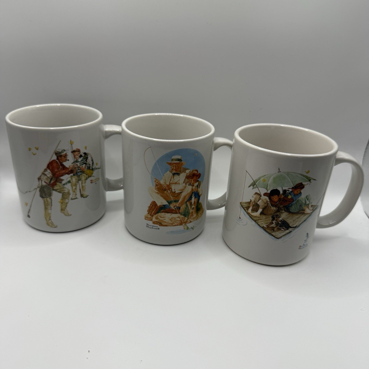 Set of 3 Norman Rockwell Fishing Coffee Mugs 1987 Museum Collections Japan