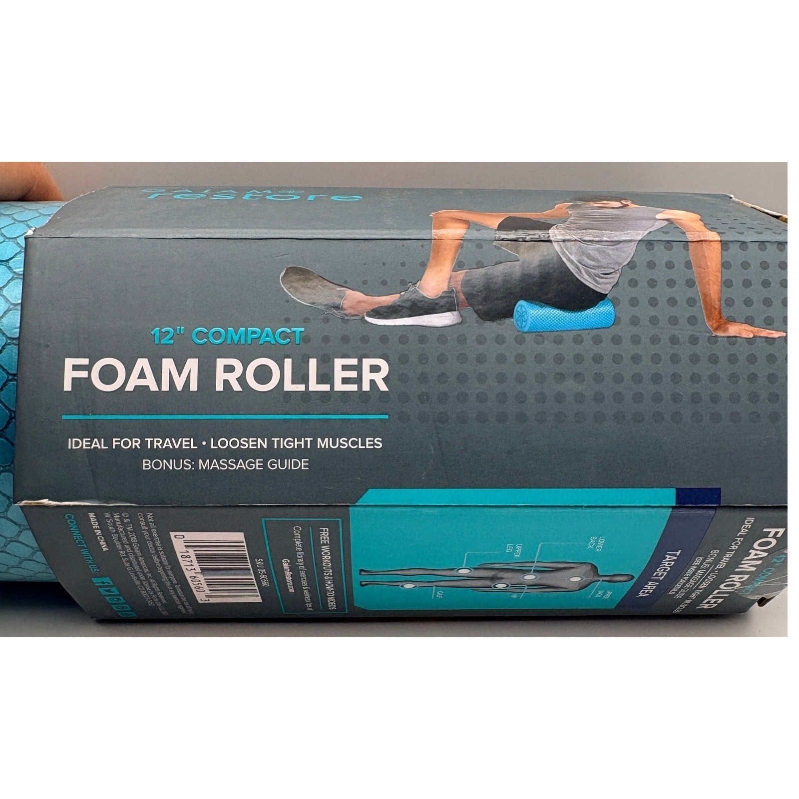 Gaiam Restore 12 Inch Compact Foam Roller Blue Textured Muscle Massage