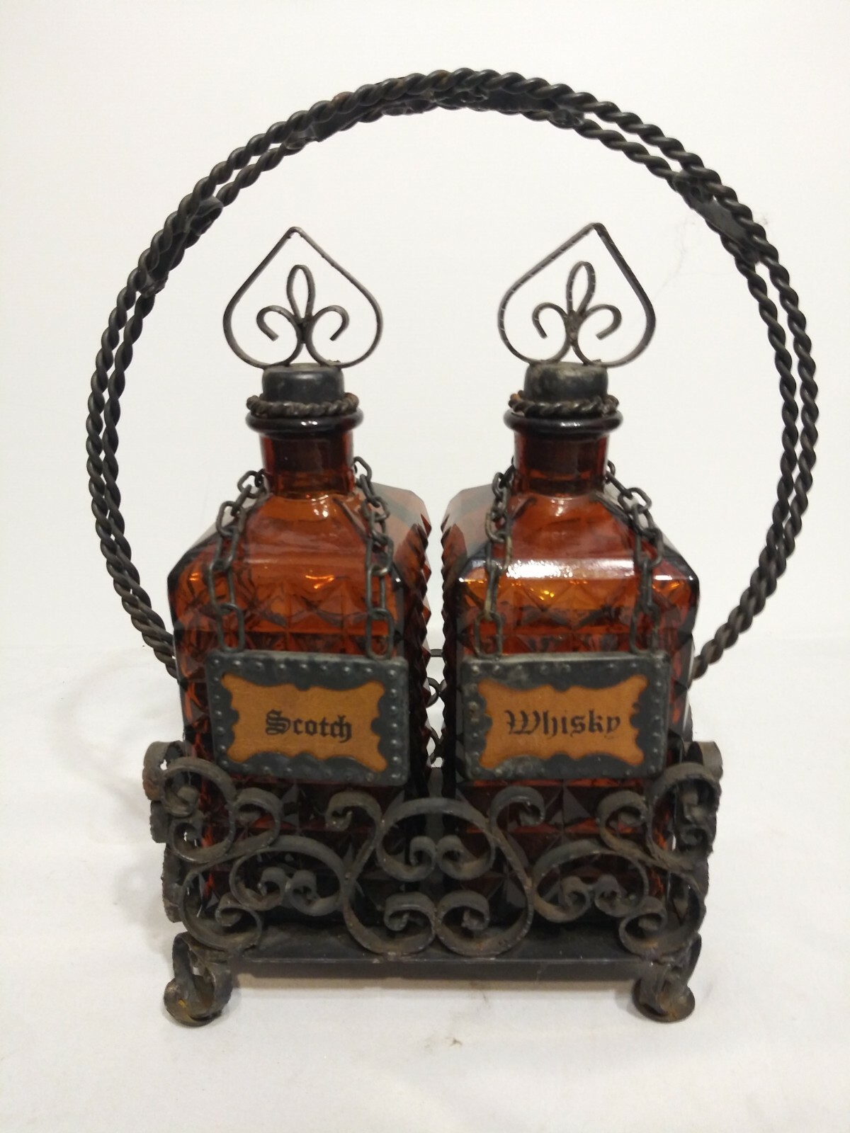 Vintage Amber Glass Diamond Pattern Decanter Wrought Iron Case Made In Spain