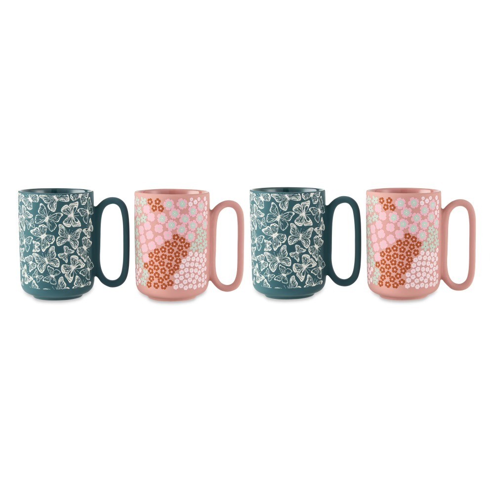4 Pack Green Butterflies and Pink Flowers Mugs 19.6 fl oz, Soft Touch,