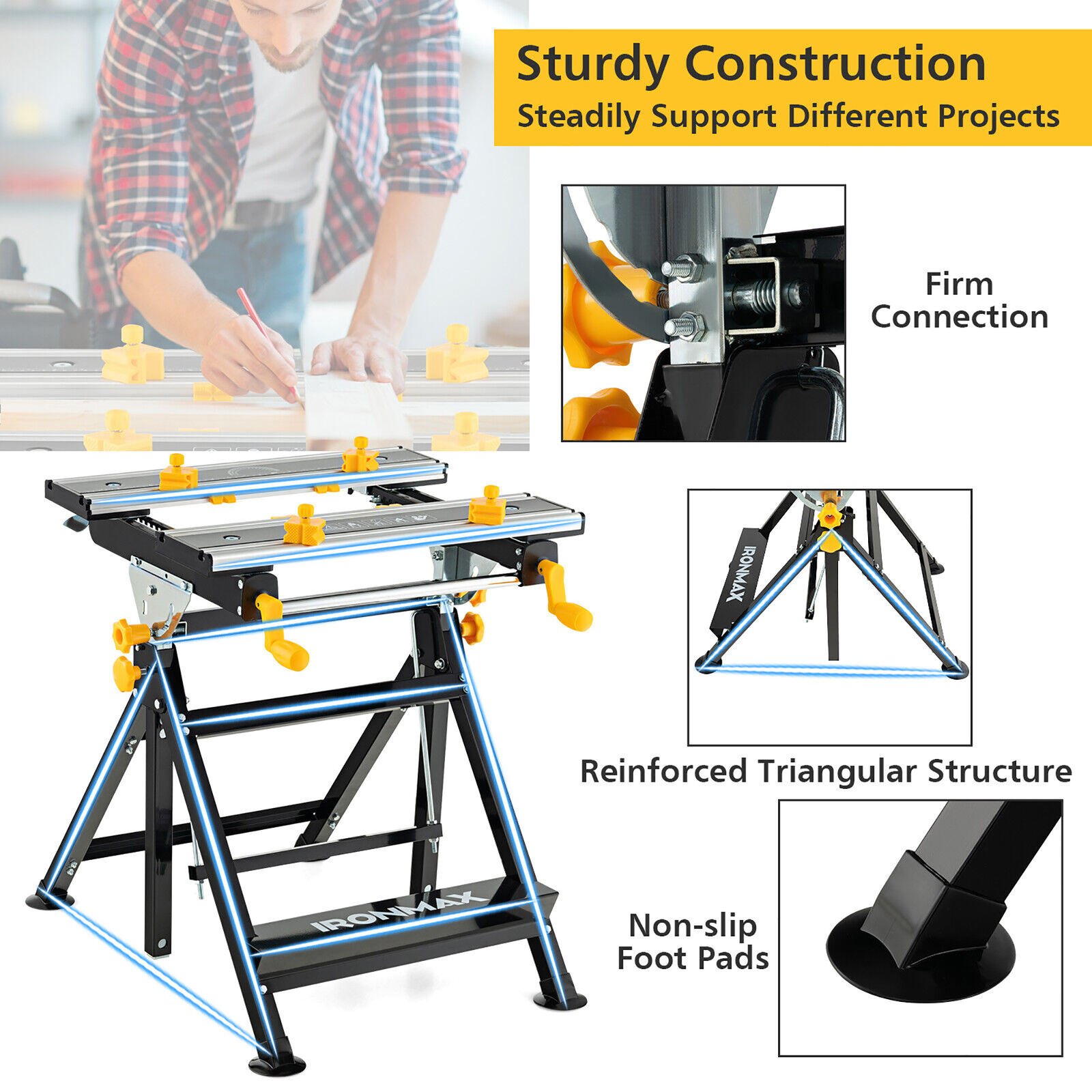 Folding Work Table Portable Workbench w/ Adjustable Height & Tiltable Platform