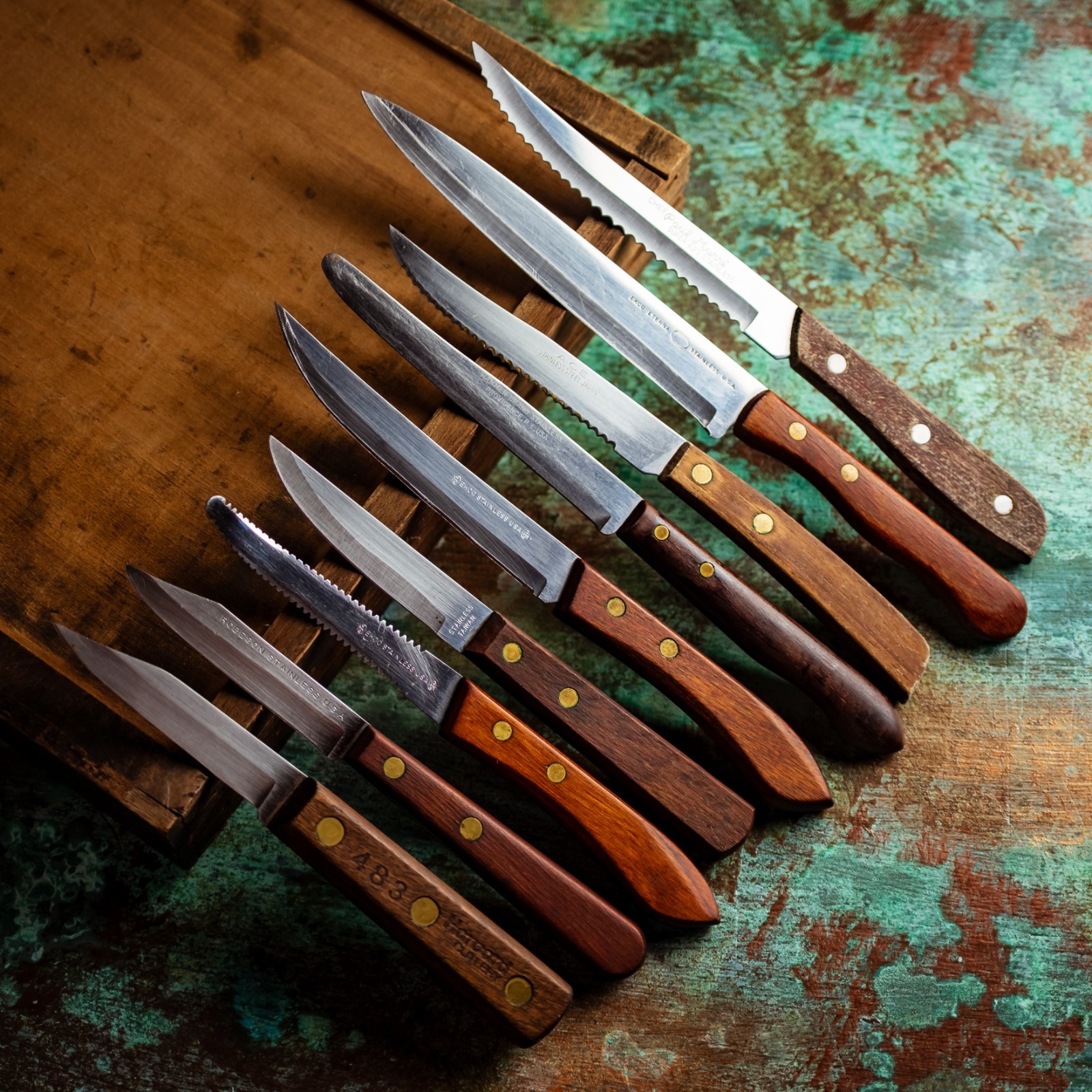 Vintage 9 Kitchen Knife Lot Wood Handle Brass Rivet Cottagecore Food Photography