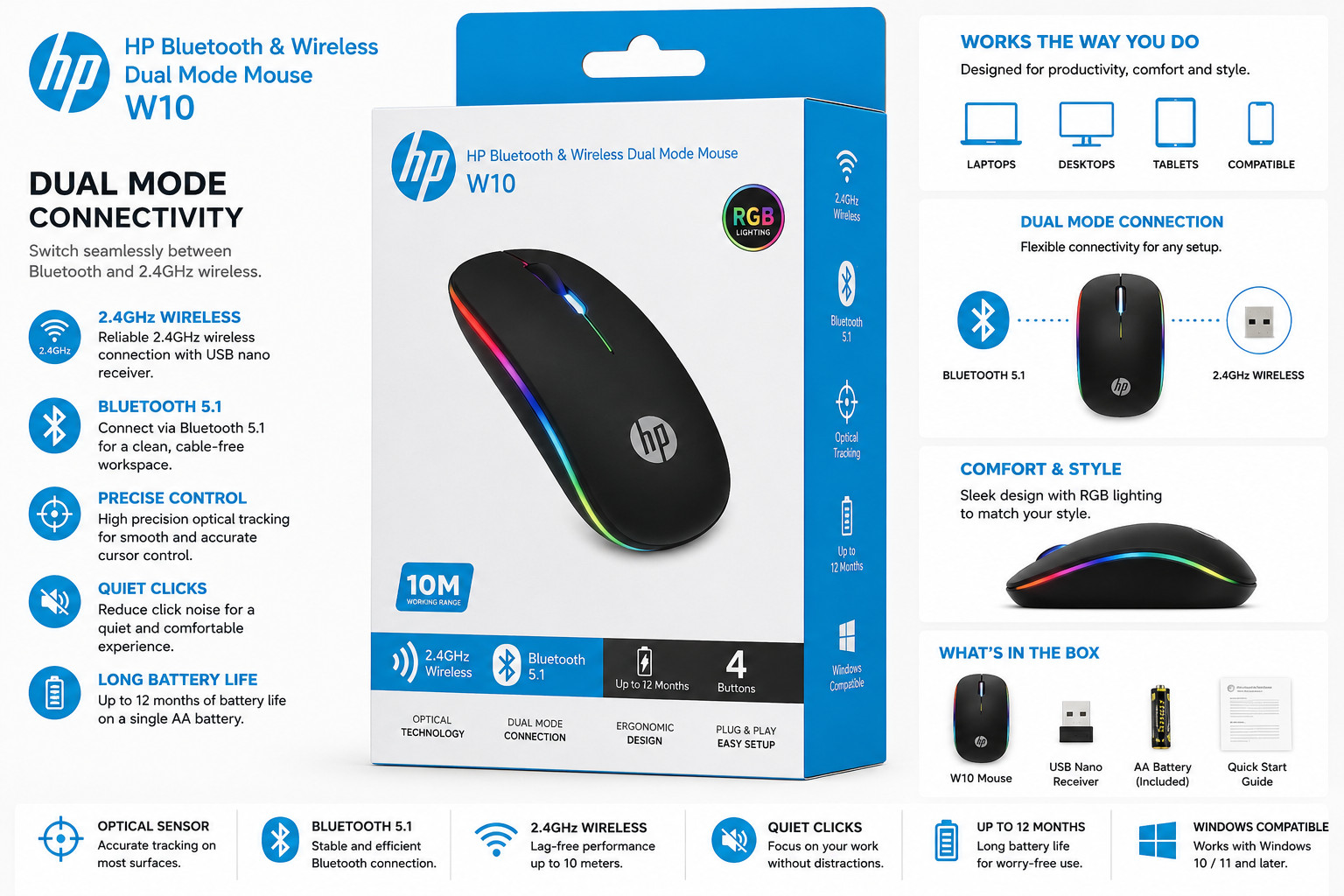 Rechargeable Hp W10 Bluetooth & Wireless Mouse