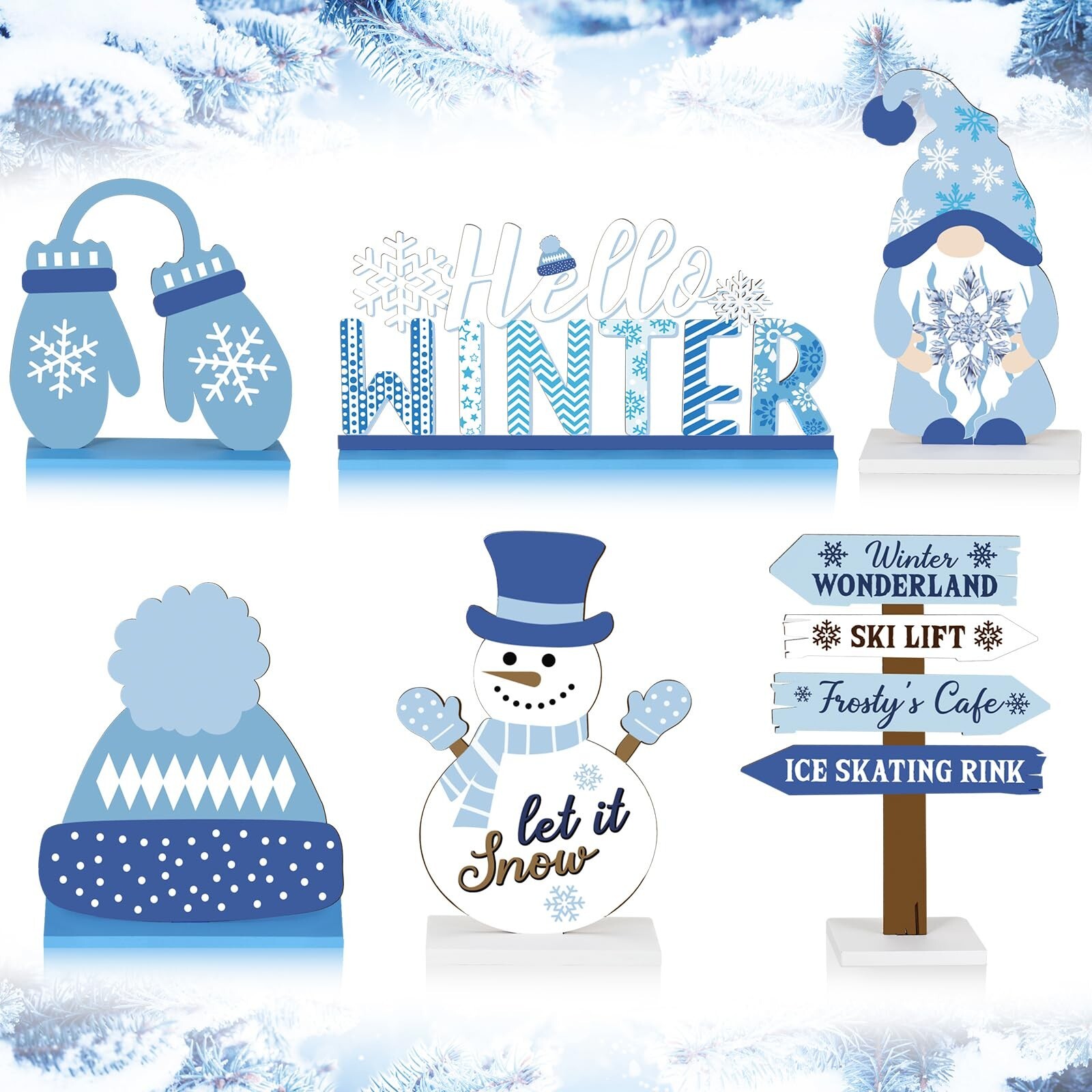 Barydat 6 Pcs Winter Wooden Signs Winter Snowman Gnome Wood Table Decor Black...