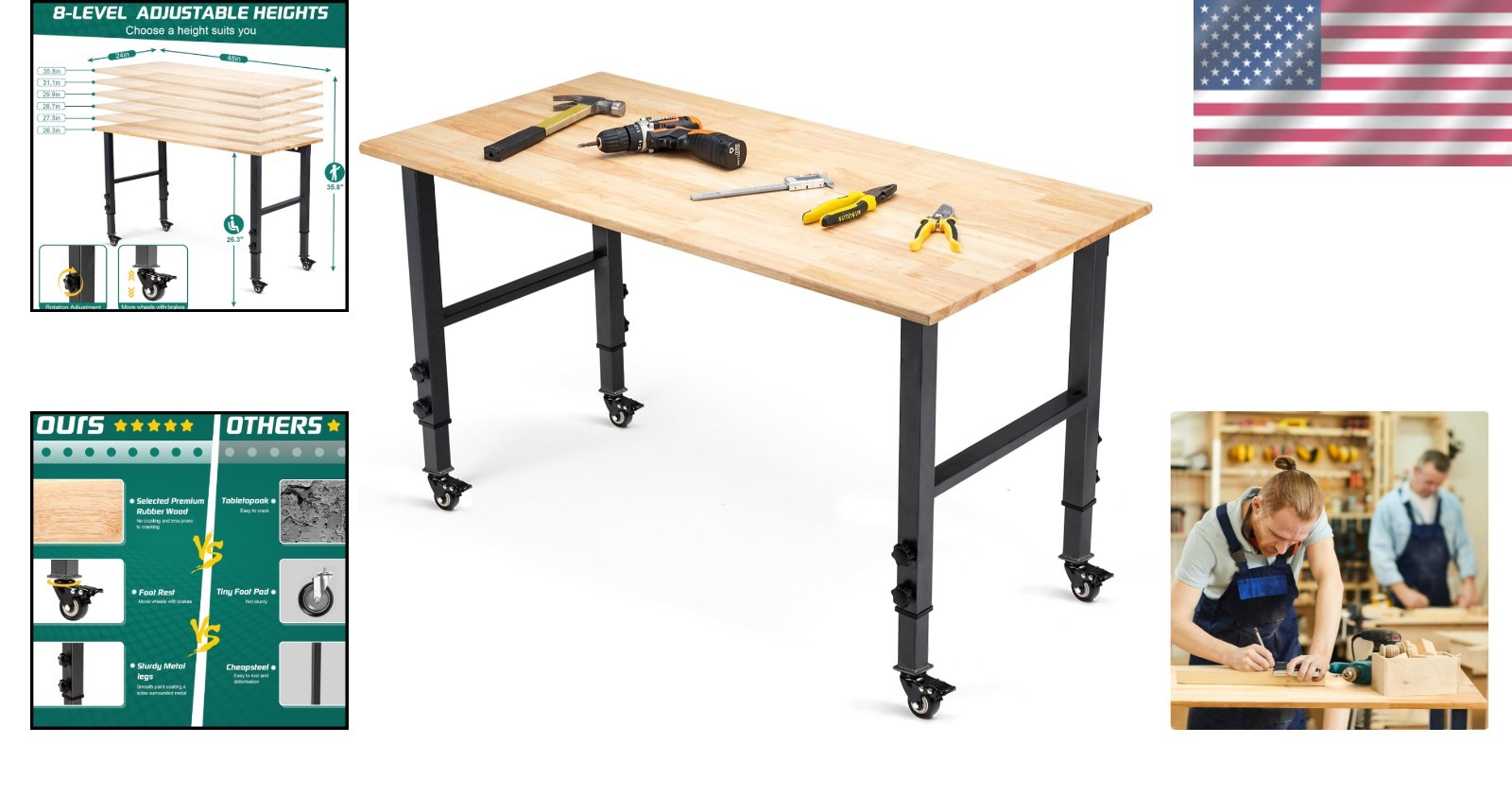 Versatile 48" Adjustable Workbench with 2000lbs Load Capacity & Lockable Casters