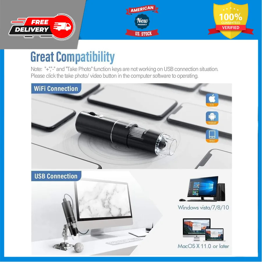 Wireless Digital Microscope 50X-1000X WiFi Handheld Camera with Adjustable Stand