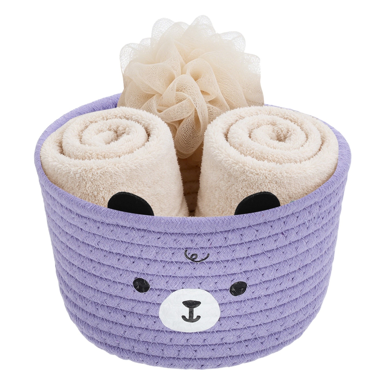 Small Cotton Rope Woven Storage Basket, 6.7x3.9" Cute Bear Storage Bins, Purple