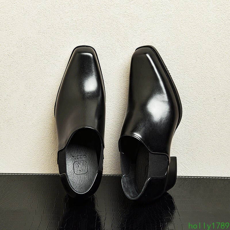 Square Toe Party Dress Heel Nightclub Stretchy Low Top Real Leather Mens Shoes 9