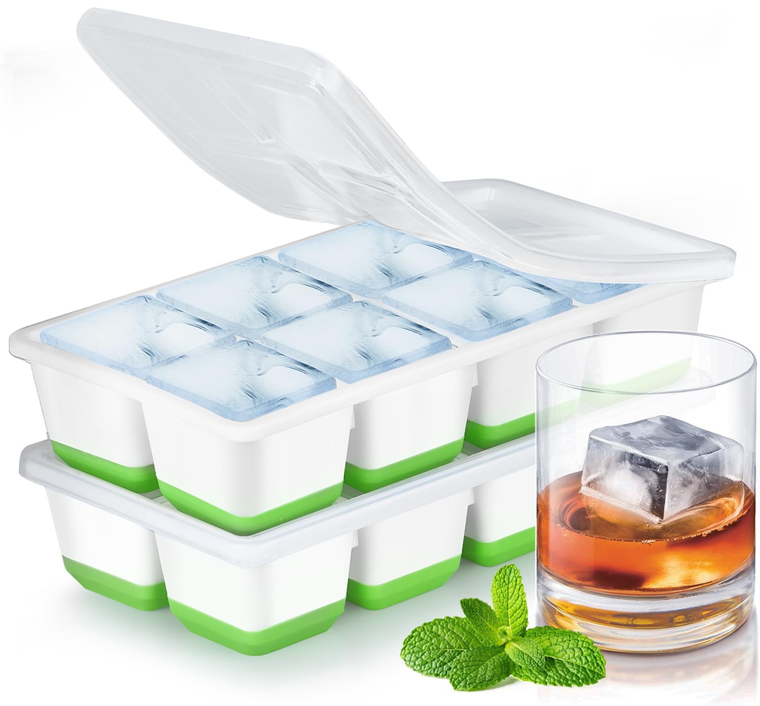 Large Ice Cube Trays with Lid, Jrisbo 2 Pack Stackable Silicone Large, Green