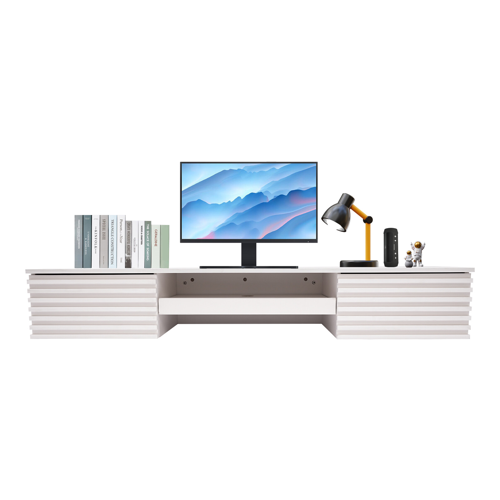 White Floating Wall Mounted Desk with Pull Out Drawer Wall Organizer 120lbs