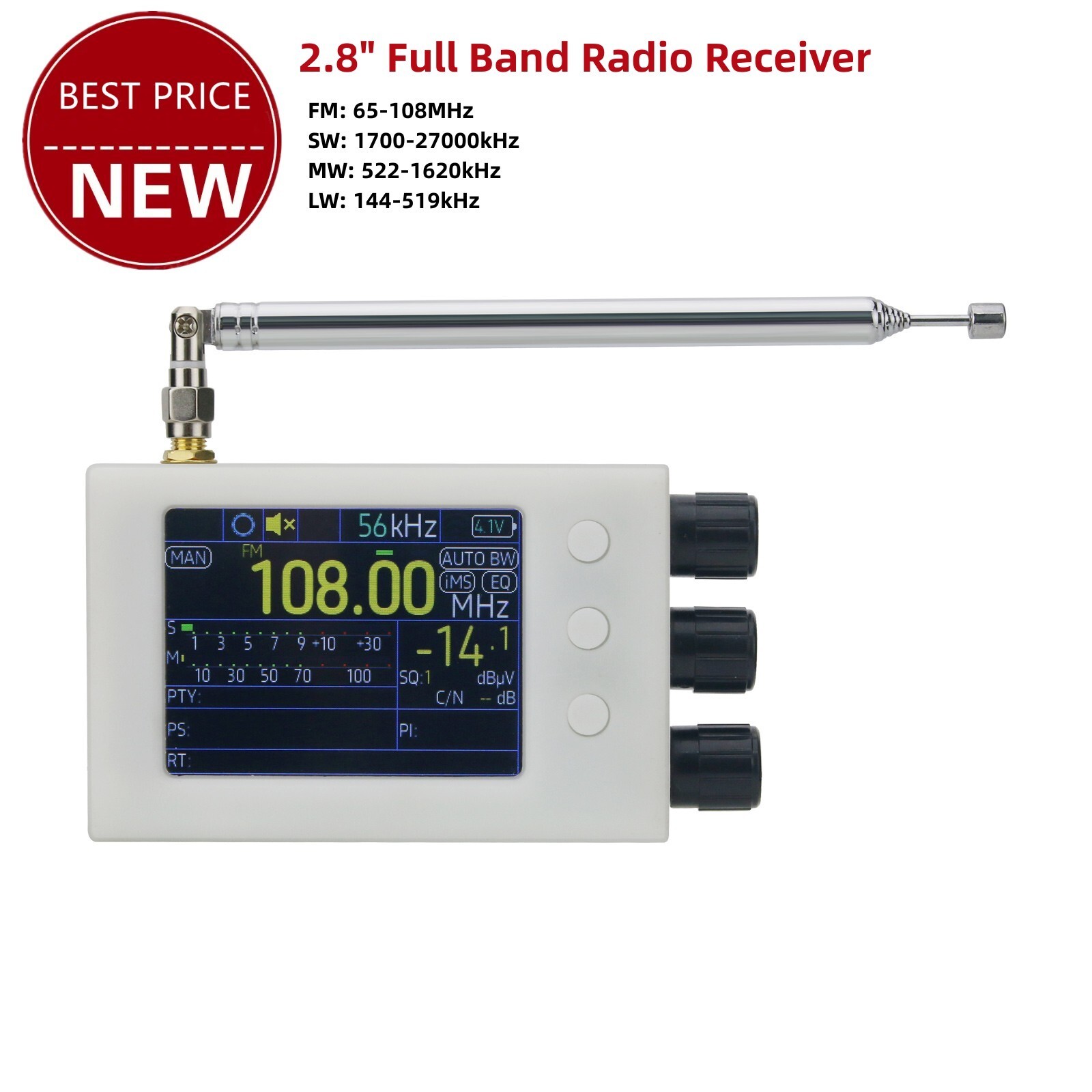 HAMGEEK 64-108MHZ TEF6686 Radio Receiver AM FM SW MW LW RDS 2.8" Color Screen